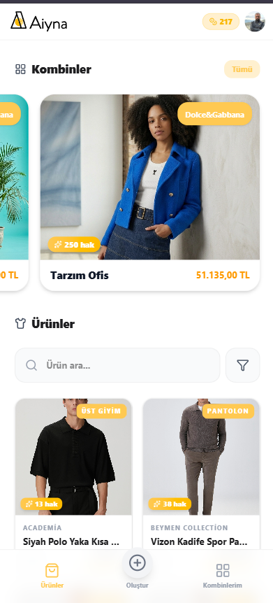 Kombinler & Ürünler Ekranı